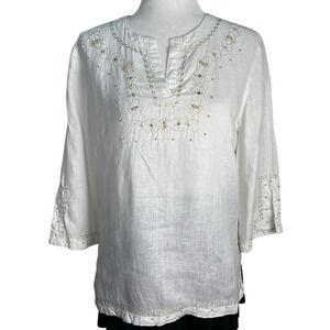 Ishu 100% Linen Tunic Women's Sz M Bohemian‎ Beaded 3/4 Sleeves India Beachwear
